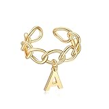 Yolorist Dangle Initial Rings Open Chain Link Ring 14K Gold Charm A-Z Capital Letter Adjustable Ring Stackable Charm Initial Band Ring for Women