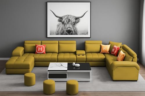 Image of Casaliving Emerson Modern U-Shaped Sectional Sofa Set 9 Seater, Sofa Couch with 3 Puffy for Hall (Yellow Colour) Premium Leatherette Fabric Sofa