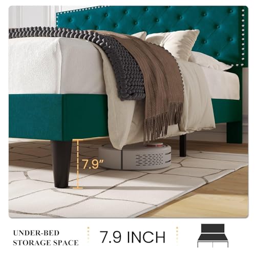 Image of Julius Upholstered Bed Queen Size Without Storage Solid Sheesham Wood | Modern Premium Fabric Upholstery Cushion Headboard | Queen Bed for Bedroom Wooden Double Bed Cot 78x60 Inch Queen