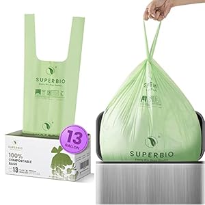 SUPERBIO 13 Gallon Compostable Kitchen Waste Bags with Handles, Food Scrap Bags Certified by BPI, OK compost INDUSTRIAL, 30 Count, 49.2L