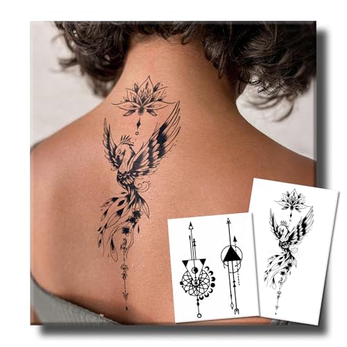 UBICA Semi Permanent Tattoos for Men Women, 2 Sheets Realistic Large Phoenix Temporary Back Tattoos, 2 Weeks Lotus Phoenix Geometric Tattoo, Still l Rise, Waterproof Non-Reflective for Party Gift