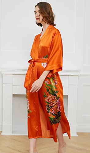 Ledamon Women's 100% Silk Kimono Long Robe - Classic Colors And Prints (Dark Orange-A) #TOP4