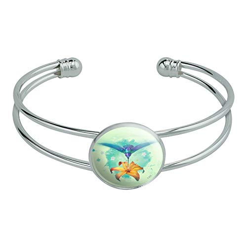 GRAPHICS & MORE Hummingbird and Tiger Lily Flower Novelty Silver Plated Metal Cuff Bangle Bracelet