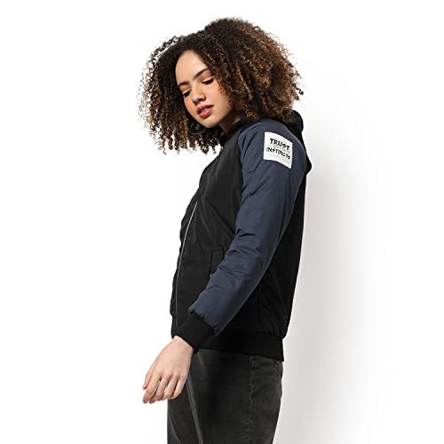Image of Campus Sutra Women Red & Black Puffer Regular Fit Bomber Jacket For Winter Wear | Low-Cut Standing Collar | Full Sleeve | Zipper | Casual Jacket For Woman & Girl | Western Stylish Jacket For Women