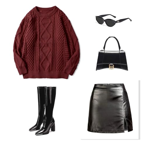 Vamtac Cable Knit Sweater Women Solid Oversized Pullover Sweaters Casual Vintage Crewneck Woven Tops