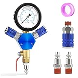 GORAGUCHI Blue Aluminum 3-Way Air Manifold 4 Ports, with 200 PSI Stainless Steel Pressure Gauge, 1/4