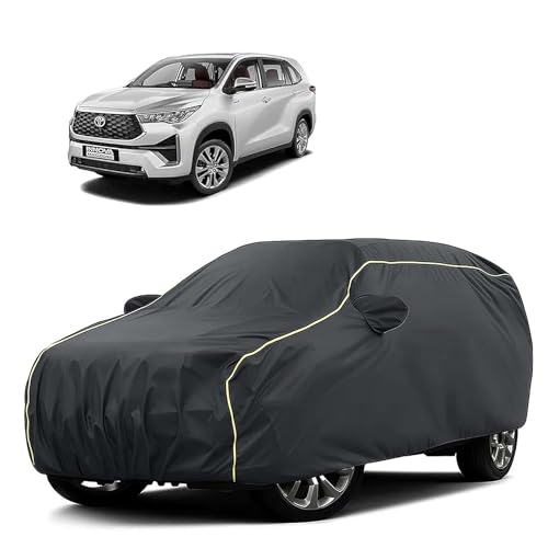 Image of Sulfar 100% Water Resistant Car Body Cover Compatible with Mirror for Toyota Innova Hycross (Triple Stitched, Full Bottom Elastic, Dark Grey Tafetta with Yellow Piping)