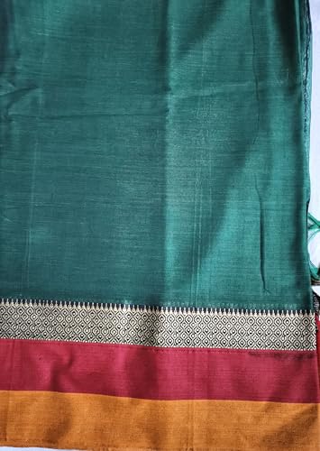 Image of Narayanpet Cotton Saree for Women | Green Plain Body with Contrast Red & Mustard Pallu | Traditional Border South Indian Handloom | Festive & Office Wear | Premium Ethnic Drape