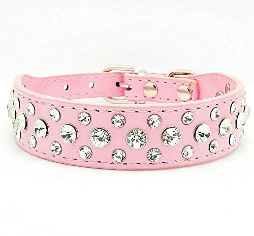 Haoyueer Bling Rhinestone PU Leather Crystal Diamond Pet Dog Cat Puppy Collar Black S M L XL(Pink M)