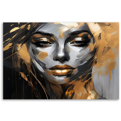 Impresión en lienzo de rostro femenino abstracto moderno en tonos negro, plata y oro