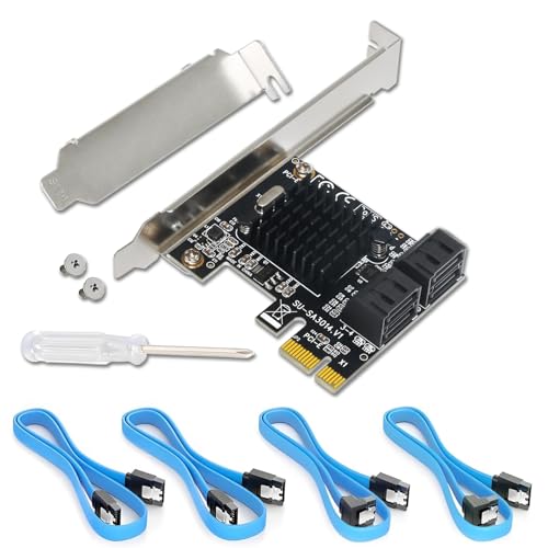 Tarjeta PCIe a SATA de 4 Puertos con 4 Cables, Tarjeta de extensión controladora con Soporte de Perfil bajo, PCIe a SATA (6Gbps) Compatible con 4 Dispositivos SSD/HDD