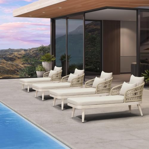 Image of PURPLE LEAF Patio Chaise Lounge Chair Aluminum Frame 2 Pillows Matte White