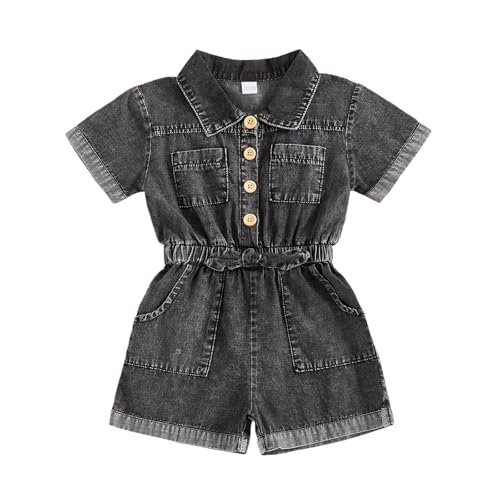 Toddler Baby Girl Summer Clothes Jean Overalls Shorts Short Sleeve Denim Romper Jumpsuit Outfit (A Black, 3-4T)