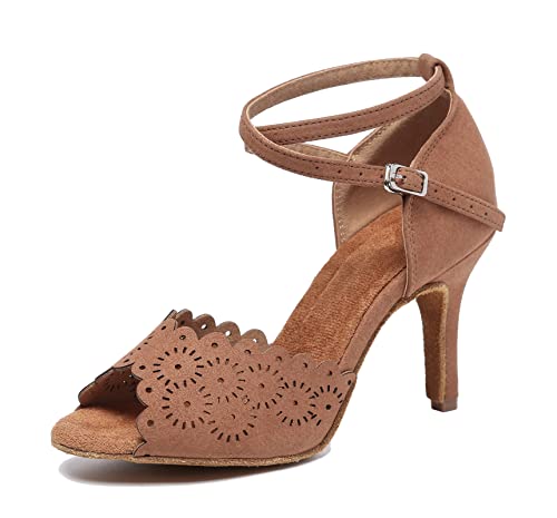 Minishion Women's Latin Salsa Floral Dark Brown Suede Dance Shoes Formal Party Sandals US 4.5