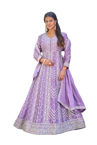 Miss Ethnik Women's Purple Chinon Stitched Gown with Dupatta Full...