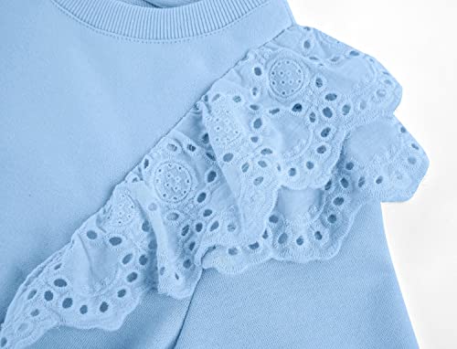 Apbondy Girls Sweatshirts Kids Long Puff Sleeve Crewneck Hollow Ruffle Shoulder Casual Pullover Cute Shirts Tops Blue M #TOP4