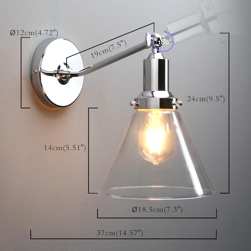 Image of PERMO Industrial Vintage Slope Pole Wall Mount Single Sconce with Funnel Flared Clear Glass Shade Chrome Wall Sconce Light Fixtures