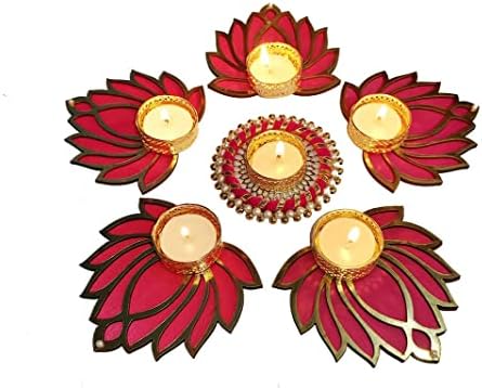 Divyakosh Metal Divyakosjh Tealight Candle for Diwali, Designer Lotus Diya, Set of 6 Diwali Decoration Items for Home Decor, Best Festive Corporate Gift Item, Candle Light, Rangoli Mat