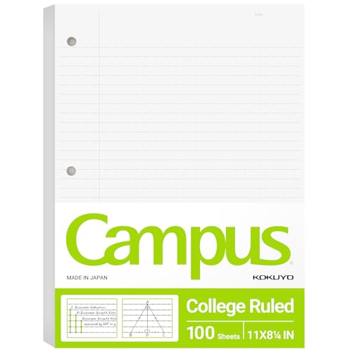 Image of Kokuyo 3 Hole Loose Leaf Paper 8-1 /4 inchx11 inch College Ruled, 100 Sheets, 1 Pack | Filler Paper for 3 Ring Binder Bleed Resistance Notebook Paper, 70 GSM Japanese Smooth Paper School Suppliers 100 Sheets /Pack