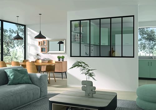OPTIMUM Verrière Atelier Intérieur en Kit – Aluminium Noir Sablé – 6 Carreaux 201 x 117 cm– Verre Transparent – Cloison Fixe Style Industriel –...