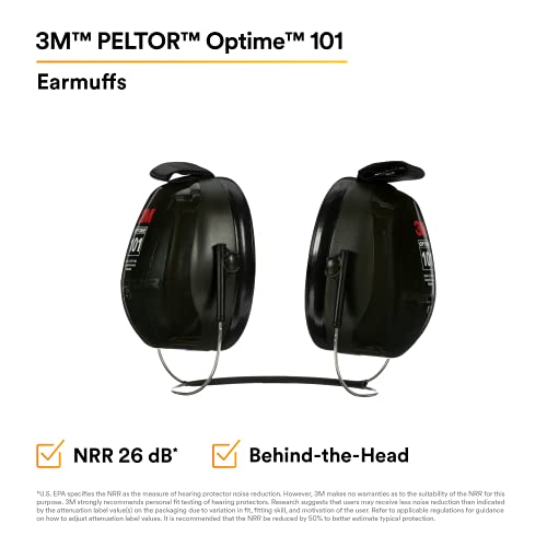Image of 3M PELTOR Hearing Protection Optime 101 Earmuffs, Unisex-Adult, Behind the Head, H7B, 25 dB NRR, Adjustable Earcups, E-A-Rfit Compatible, Stainless Steel, Pack of 1, Black /Red