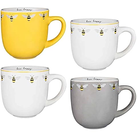 New Premium Quality Set of 4 Bee Happy Printed Mugs Tea Coffee Cups N-22 Cover