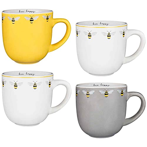 Bloomingtons Direct New Premium Quality Set of 4 Bee Happy Printed Mugs Tea Coffee Cups N-22