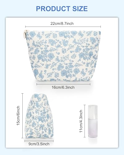 Twofold Travel Makeup Bag for Women, Small Cosmetic Organizer with Compartments, Portable Handbag for Essensial with Soft Materials, Personalized Preppy Make Up Pouch- Blue Flower3