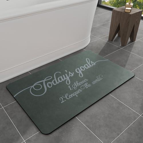 MontVoo -Bath Mat Rug- Non Slip Quick Dry Absorbent Thin Bathroom Rugs Fit Under Door-Faux Suede Surface Bathroom Floor Mats-Shower Rug for in Front of Bathtub Shower 16"X24" Green Text Patt