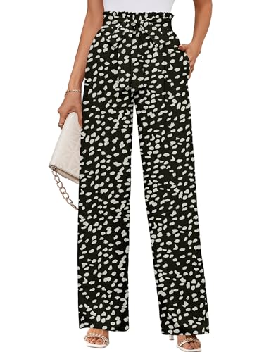 KORSIS Womens Wide Leg Pants Casul Lightweiht Waisted Adjustable Tie Knot Loose Comfy Casual Trousers with Pockets Black Leopard