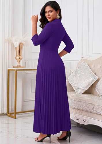 Image of FANDEE Maxi Dress for Women Formal 3 /4 Sleeve Pleated Empire Long Dress Semi Formal Tie Neck Office Work Dresses