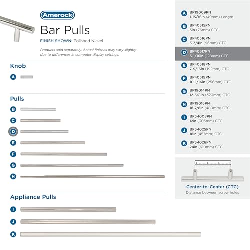 Image of Amerock 10 Pack 5-1 /16 inch Bar Pulls Polished Nickel Drawer Pull | 5-1 /16 inch (128mm) Center-to-Center Mounting Distance and 7-3 /8 inches Overall Length, Durable Carbon Steel Cabinet Hardware