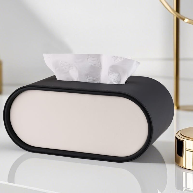 KINGFOM ティッシュケース ティッシュボックス 本革調 レザー おしゃれ 卓上 北欧風 シンプル 楕円型 インテリア用 3色展開 (ブラック)