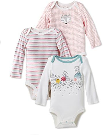 Lamaze Organic Baby Girls Long Sleeve Cotton Bodysuit, Snap Closure, Coral/White Fox, 9 Months