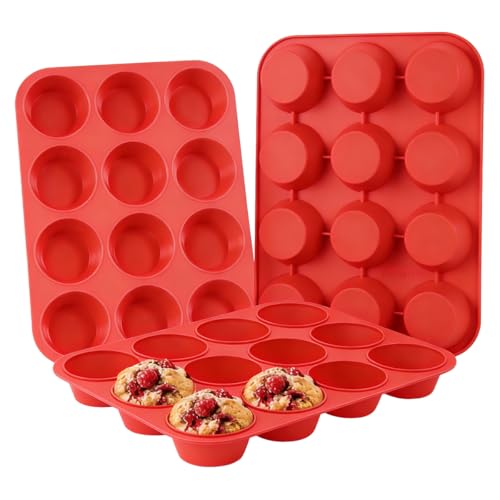 Image of CAKETIME Silicone Muffin Pan 3 Pack Regular 12 Cup Muffin Tin for Baking Banana Muffins Cupcakes Egg Muffins