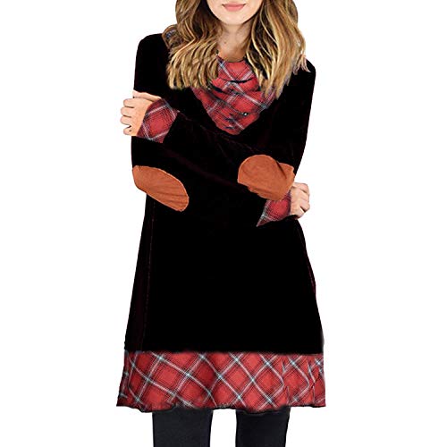 Alaster Queen Women s Cowl Neck Long Sleeve Plaid Elbow Patch Black Casual Sweater Mini Tunic Dress for Women