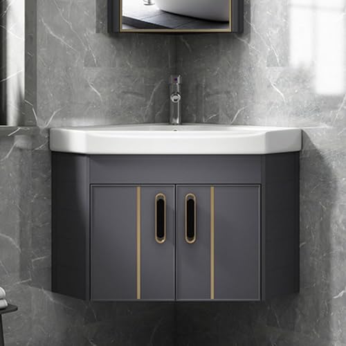 LumoLight洗面化粧台シンク 壁掛け式洗面化粧台セット 小さな洗面化粧台 ミラーキャビネット キャビネット付き洗面化粧台 手洗い器,3色、シルバーの蛇口、水切り、その他のアクセサリーが付いており、バスルーム、アパート、トイレ、 (Set1-48cm,