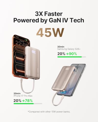 Image of INIU Portable Charger, Ultra Slim 45W Fast Charging Power Bank with Built-in AC Wall Plug, 10000mAh GaN 3-in-1 Battery Pack for Flight-Safe Travel, for iPhone 17 16, Samsung S26, iPad etc, Champagne