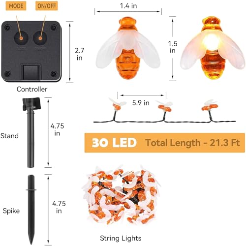 Image of XERGY Solar String Lights Waterproof 30 LED 8 Mode Cute Bee Lights Outdoor Lights Starry Fairy Lights,Wedding Home Gardens Patio Party Christmas Tree Decor(Warm White)