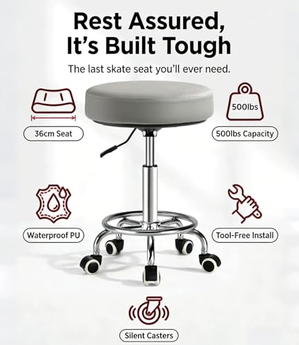 Image of 500lbs Heavy‑Duty Adjustable Rolling Stool with Wheels & Footrest Ring,Grey