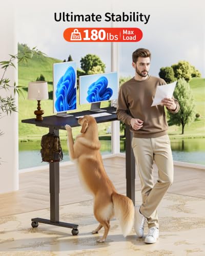 Image of Okin Standing Desk Electric Adjustable Computer Whole Piece Stand up Desk with Wheels Office Gaming Home Office Memory Desks 48x24 inches Black