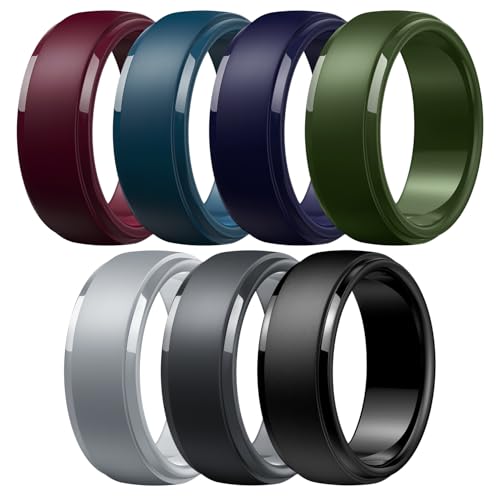 Image of Egnaro Men's Silicone Wedding Rings: Classic Black Step Edge Rubber band 10mm Wide 2.5mm Thick- Hypoallergenic for Gym /Outdoor /Gift(1 /4 /7 Variety Pack with Half Size)