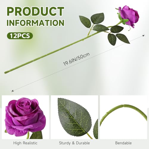Image of Tifuly 12Pcs Roses Realistic Long Stem Fake Silk Artificial Flowers Purple
