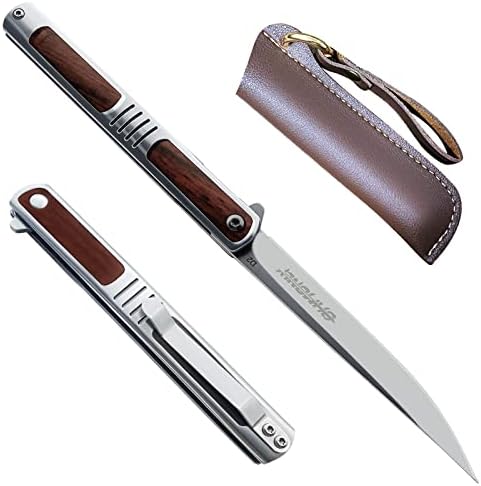 ohmonlyhoo Pocket knife, 4 inch Folding Pocket Knife with Rosewood Handle, Folding Knife with Leather Sheath for Camping, Hunting and Hiking Great Gift for Men and Women