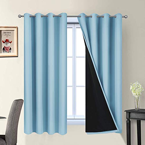 Image of Yakamok Sky Blue 100% Blackout Curtains 63 Inches Long 52 inch Wide 2 Panel | Blackout Curtain Panels for Bedroom, 2 Thick Layers Grommet Top Thermal Insulated Drapes with Black Liner for Living Room