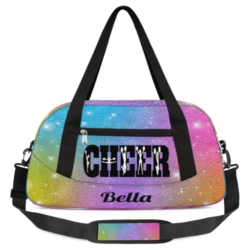 Personalized Custom Girls Dance Bag, Custom Name Sports Gym Bag Kids Duffel Bags Customized Travel Duffel Bag Overnight Weekender Sleepover Tote Bag for Girls, Colorful Glitter Cheer
