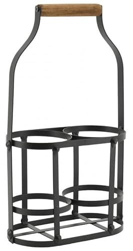 AUBRY GASPARD - Panier Bouteilles Métal et Bois - Noir Naturel - Poignée Bois - 22 x 11 x 37 cm - Ø Bouteille 10 cm - Capacité 2 Bouteilles - Poids 0,54 kg - Transport et Rangement Efficaces