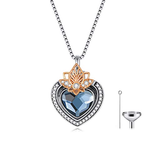AOBOCO Lotus Flower with Heart Cremation Jewelry 925 Sterling Silver, Engraved Forever in My Heart Keepsake Urn Necklace for Ashes, Memorial Jewelry Gift for Women, Crystal from Swarovski