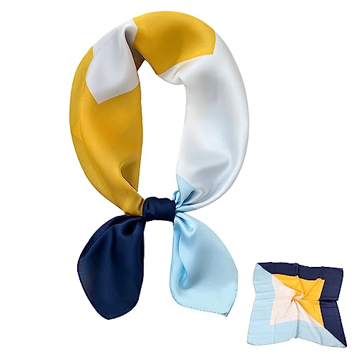 Cyiecweu Pañuelos Cabeza Mujer de Seda, Bufanda de Cuello Cuadrado, Bandana, Accesorios Pelo Mujer, Bufanda Elegante, Regalo para Mujeres, Azul Amarillo, 70x70cm