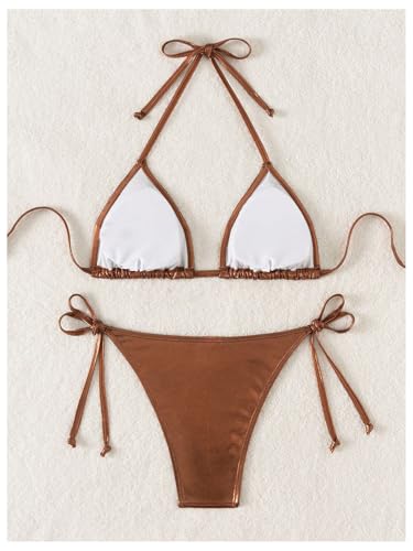 SOLY HUX Bathing Suit for Women Metallic Halter Top Two Piece Swimsuit Tie Side Triangle Thong Bikini Swimwear2